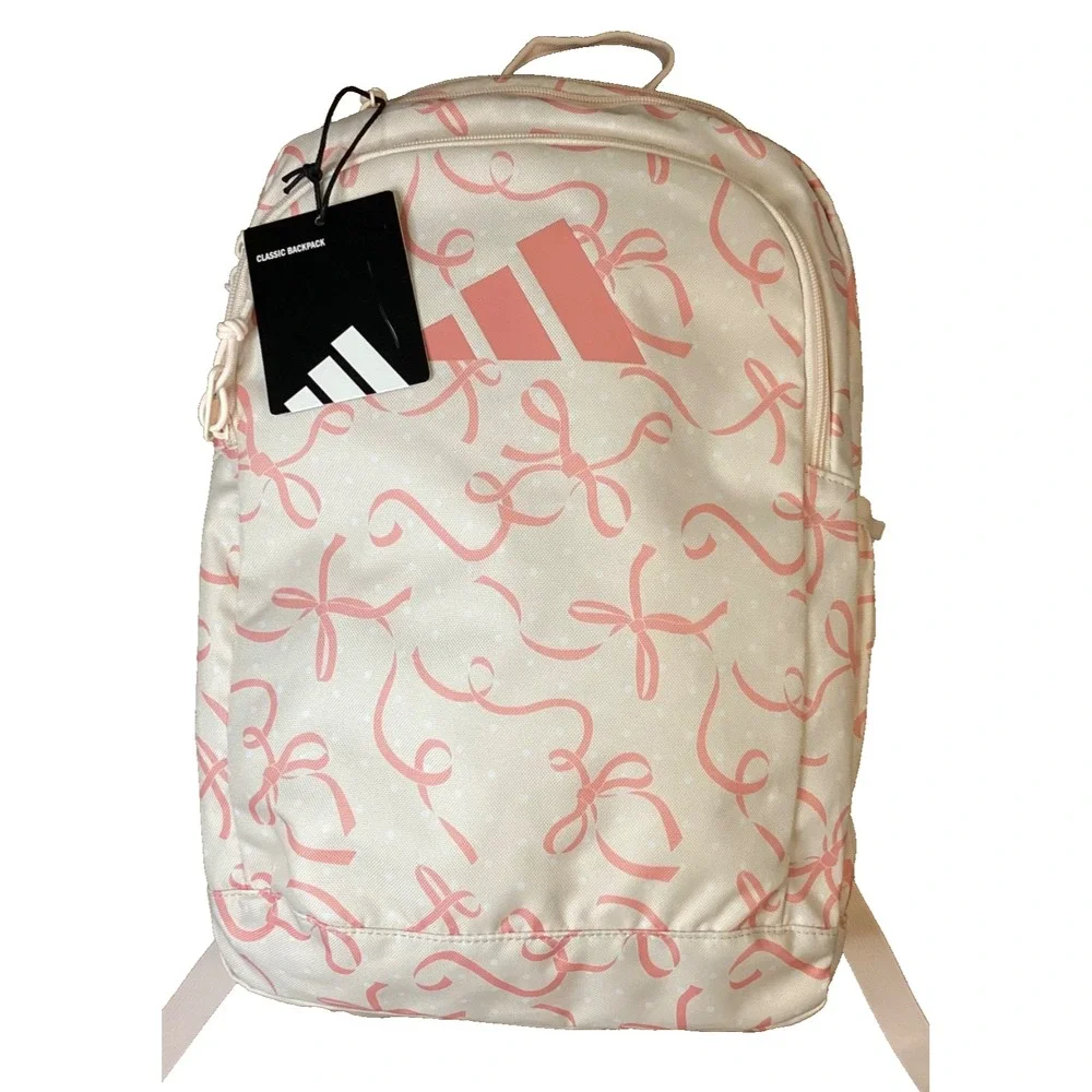 Adidas Classic Backpack Pink Bows Laptop Bag Water Bottle Pockets  NWT